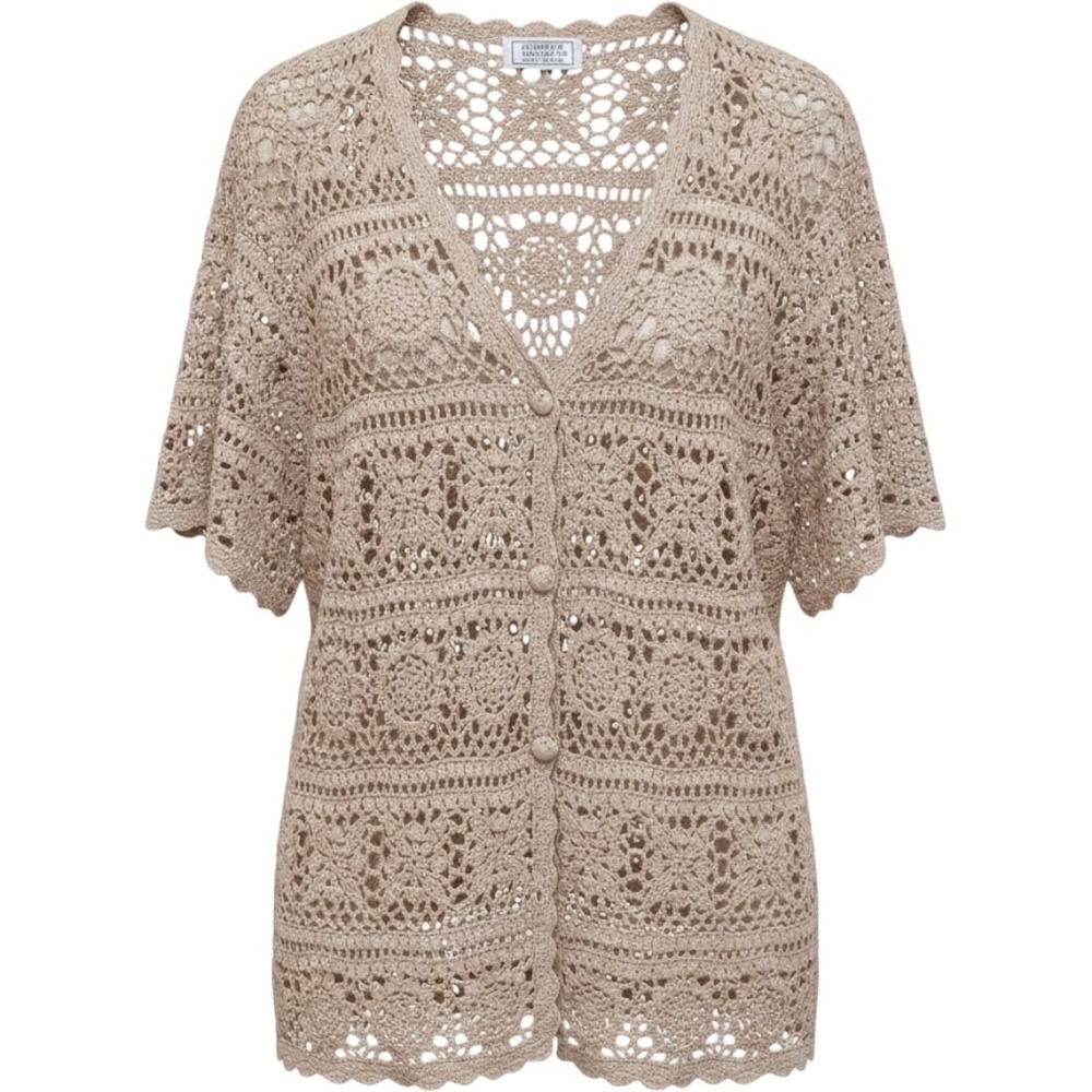 Jennifer Moore VTG Crochet Cardigan Short Sleeve Taupe Open Knit Floral Scallop